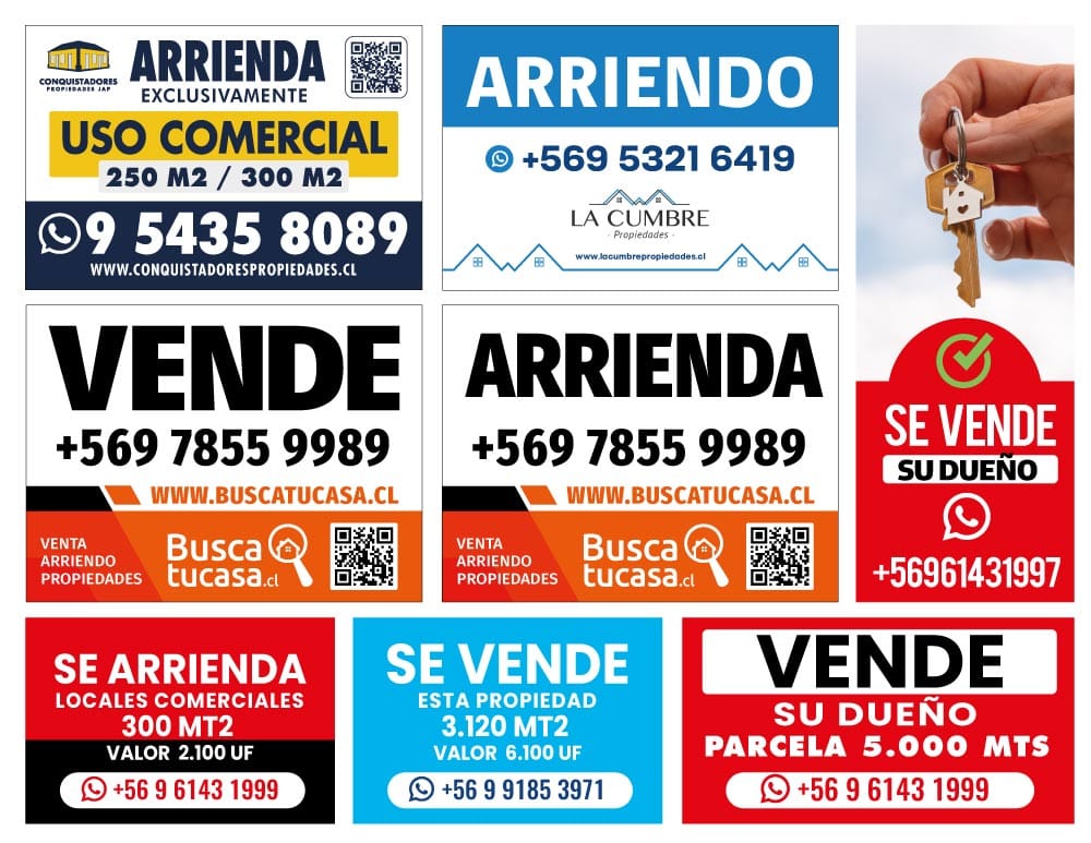 Letreros inmobiliarios personalizados con logo, teléfono y datos de contacto